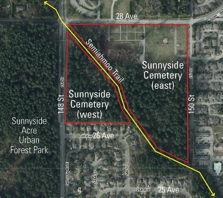 A map of the Semiahmoo Trail going through the Sunnyside Cemetery at 148 Street and 28 Avenue.